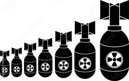 Nuclear bomb silhouette progression set showing atomic weapon sizes with radiation symbols, military missile warheads and nuclear warfare concept isolated vector illustration