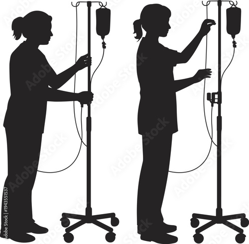 Nurse adjusting intravenous IV drip stand silhouettes showing healthcare professional managing medical infusion therapy equipment in hospital clinic patient treatment setting