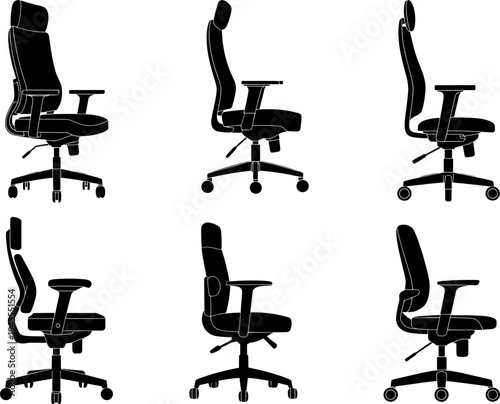 Office ergonomic swivel chair silhouette set modern adjustable computer desk chairs with armrest wheels workspace furniture vector illustration isolated on white background