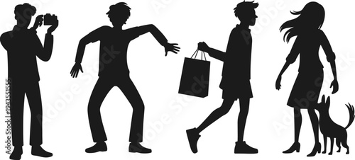 People lifestyle silhouettes collection with photographer dancing man shopping woman and woman walking dog everyday urban activity vector illustration isolated on white background