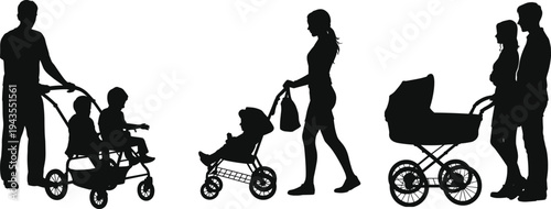 Parents with children stroller silhouettes family walking pushing baby carriage and kids tricycle parenting lifestyle vector illustration isolated collection