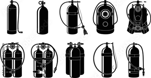 Scuba diving oxygen tank silhouette set with air cylinders, regulators and underwater breathing equipment collection isolated for marine diving safety gear illustration