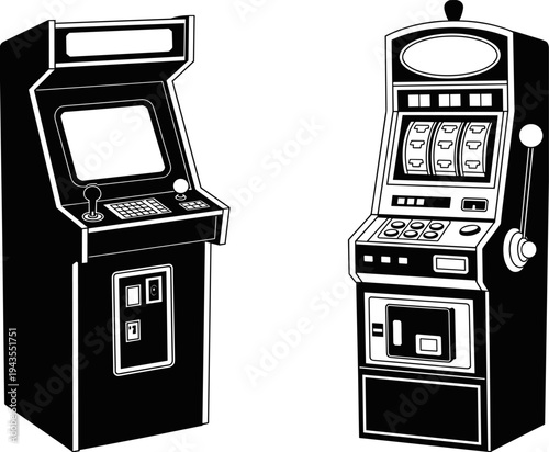 Retro arcade game cabinet and classic slot machine silhouette illustration, vintage casino gaming equipment isolated, nostalgic entertainment machines concept for gambling, arcade culture,