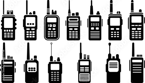 Set of handheld walkie talkie radios and portable two way communication devices, radio transceiver icons collection isolated on white background, wireless communication technology concept