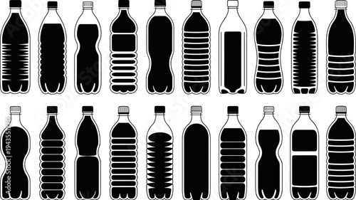 Set of plastic water bottle silhouettes, various reusable and disposable drink containers isolated on white background, packaging design elements, beverage bottle shapes collection vector style