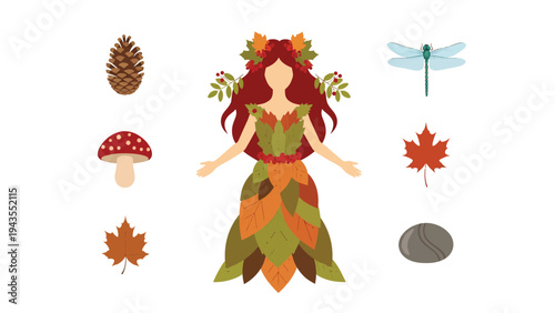 Autumn Goddess Figure Surrounded by Seasonal Elements Vector Art Illustration