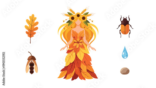 Autumn Goddess Personification with Fall Elements Nature s Cycle Harvest Season Organic Fall Symbols Leaf Dress Sunflower Crown Insect Icons Water Droplet Oak Leaf Acorn Seed