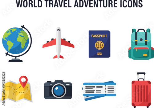 Icons depicting travel Globe airplane passport backpack map camera tickets and suitcase