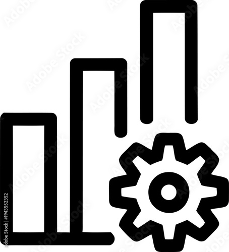 Three black vertical bars representing data trends with an overlaying gear icon