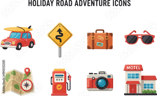 Icons of red car sign suitcase sunglasses map fuel pump camera motel