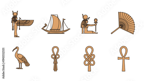 Vector Icons of Ancient Egyptian Gods Hieroglyphs Symbols and Artifacts Golden Brown Tones for Cultural and Historical Design Themes