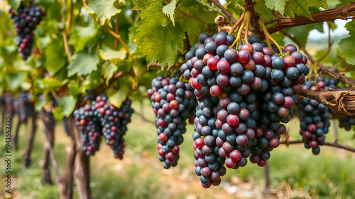 Vineyard. Large bunches of ripe wine grapes hang from old vines in wine region.