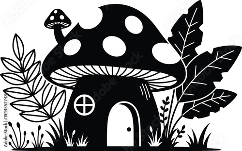 Cute fantasy mushroom house with forest leaves and plants, whimsical fairy tale cottage silhouette illustration, magical woodland clipart design for kids decor and storybook themes