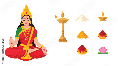 Hindu Goddess Lakshmi Meditating Surrounded by Auspicious Symbols Diwali Festival Elements Gold Diya Lamp Kumkum Powder Rice Grains Lotus Flower Illustration