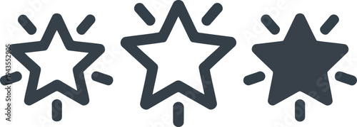 Three dark grey star icons with radiating lines, showing an outline, half fill, and full fill for ratings