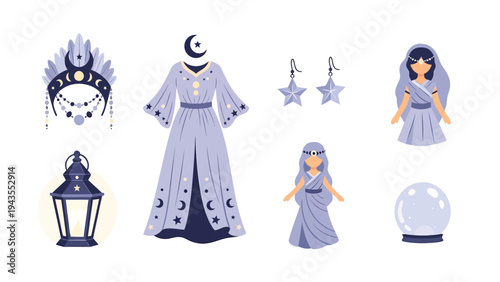Mystical Celestial Oracle Costume Set with Moon Stars Crystal Ball and Ancient Figures Illustration