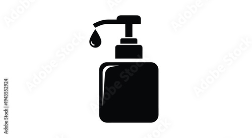 Simple black and white icon representing a liquid soap dispenser with a drop falling from the nozzle against a plain background.