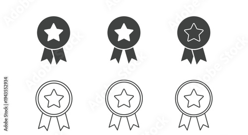 Diverse set of award medal and star ribbon vector icons representing quality achievement rating excellence best choice symbols for web design or graphic projects