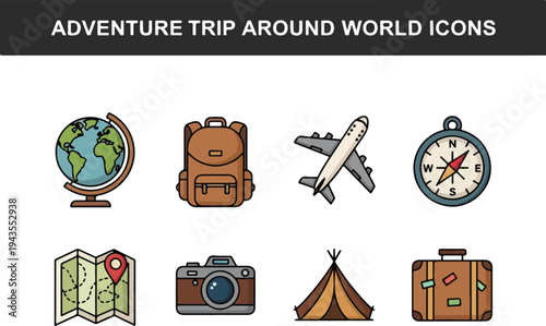 Illustration of eight travel icons including a globe backpack airplane compass map camera tent and suitcase