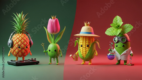 Funny 3D Cartoon Fruit and Vegetable Characters in Various Professions