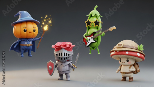 Set of Four Cute 3D Fantasy Characters Pumpkin Wizard Knight Pea and Mushroom