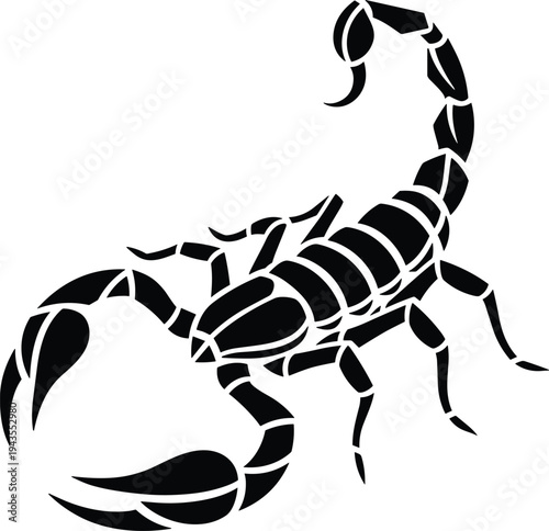 Scorpion silhouette tattoo design, dangerous desert arachnid symbol illustration, bold black tribal animal artwork, sharp stinger predator emblem, flat vector illustration