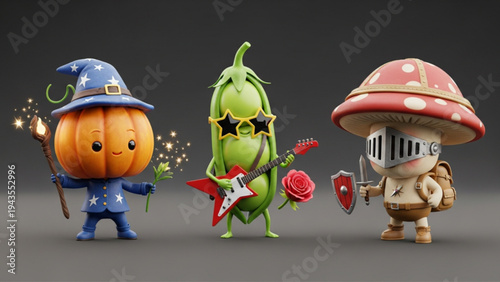 Cute 3D Vegetable Characters Pumpkin Wizard Pea Rockstar and Mushroom Knight
