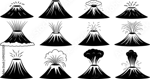 Volcano eruption silhouette set featuring explosive volcanic mountains, lava bursts, ash clouds and magma blasts, natural disaster and geology icons isolated vector illustration collection