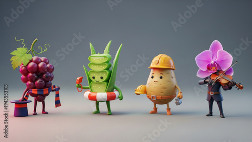 Set of Cute 3D Cartoon Food and Plant Characters on Grey Background