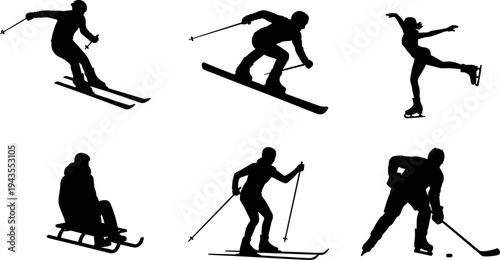 Winter sports silhouettes skier snowboarder figure skater sledding and ice hockey player action athletes vector illustration isolated collection