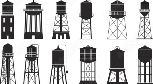 Water tower silhouette collection with vintage industrial elevated storage tanks and steel support structures, urban infrastructure icons set isolated on white background for engineering design 