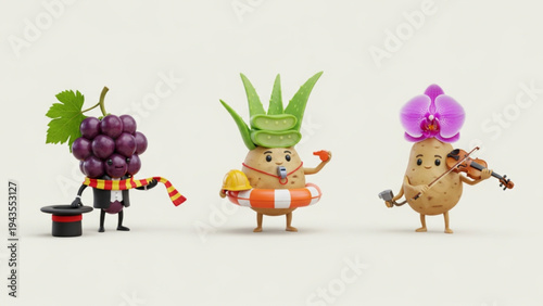 Funny 3D Fruit and Vegetable Characters Magician Lifeguard and Violinist
