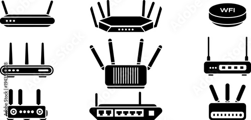 Wireless WiFi router and internet modem silhouette icon set with antennas, networking hardware devices collection isolated illustration for broadband communication technology and home office 