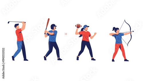 Diverse Athletes in Action Golf Baseball Football and Archery Vector Illustration for Sports and Fitness Concepts