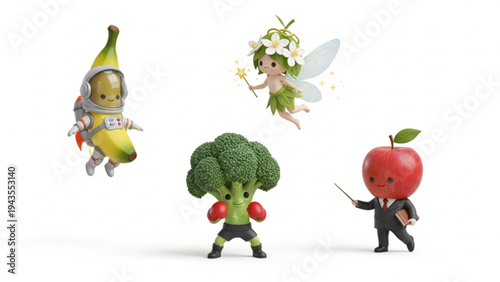 Cute 3D Cartoon Fruit and Vegetable Characters Set Isolated on White