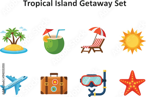 Illustration tropical getaway set island coconut drink chair sun plane suitcase mask starfish