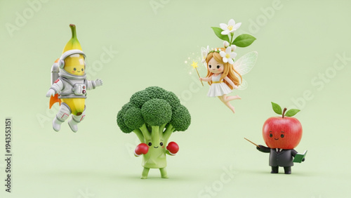 Cute 3D Cartoon Food Characters Banana Astronaut Broccoli Boxer Apple Teacher