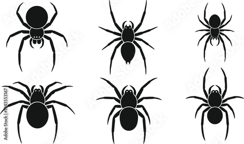 Spider silhouette collection set, creepy arachnid insect icons, halloween spooky bug symbols, black spider vector illustration