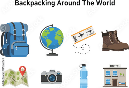 Image depicts travel icons backpack globe ticket boot map camera water bottle hostel