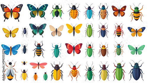 Entomology Icon Set Colorful Insects Bugs Dragonflies Bees Vector