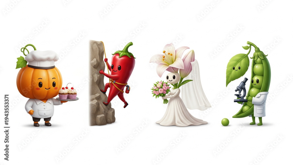 Fototapeta premium Cute 3D Cartoon Vegetable and Flower Characters Set with Professions