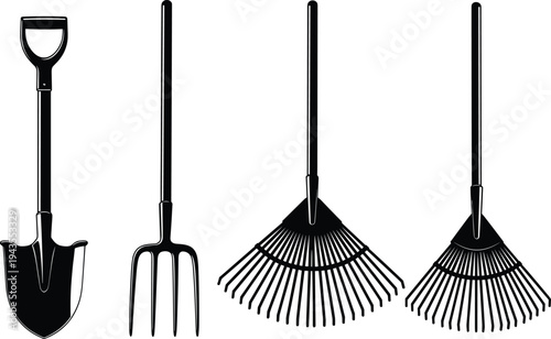 Gardening tools silhouette set including shovel, pitchfork and leaf rake, black garden equipment collection for farming, landscaping, yard work, agriculture illustration isolated on white