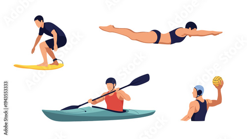 Diverse Water Sports Athletes Collection Surfing Swimming Kayaking Water Polo