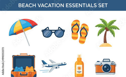 Set of beach vacation essentials Included umbrella sunglasses flipflops palm tree luggage airplane sunscreen camera