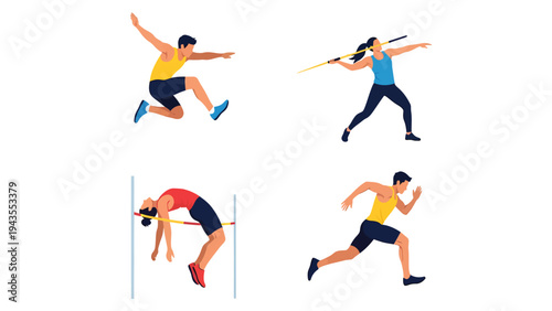Athletics Sports Flat Vector Icons Running Long Jump High Jump Javelin Throw Diverse Athletes Competing in Track and Field Events for Healthy Lifestyle Motivation and Sports Event Promotion Ideas