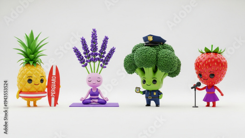 Cute 3D Cartoon Fruit Vegetable and Plant Characters on White Background
