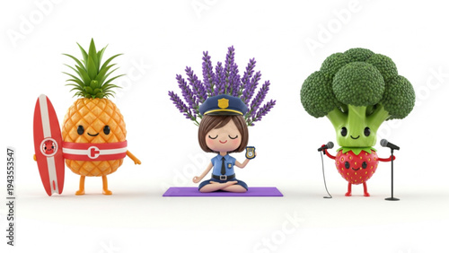 Cute 3D Cartoon Characters Pineapple Surfer Police Girl and Broccoli Singer