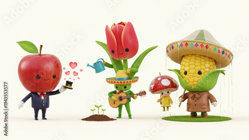 Cute 3D Characters of Apple Tulip Corn and Mushroom in Whimsical Scene