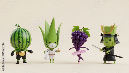 fruit, vegetable, character, mascot, cartoon, 3d render, isolated, white background, cute, watermelon, boxer, boxing gloves, grapes, ballerina, ballet, samurai, warrior, sword, aloe vera, chef, spa, h