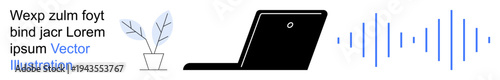 Remote work, audio technology, digital workspace, minimalist design, sound analysis, virtual communication. Laptop with sound waves and potted plant. Remote work and audio technology concept